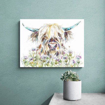 Highland Cow Canvas Print Wall Art - Animal Themed Home Decor - Nicola Jane Rowles Artwork - Ready to Hang 'Florence' Painting - 30 x 40cm