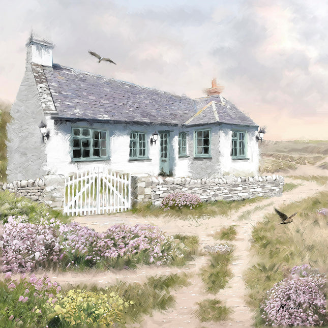 Coastal Cottage Canvas Print Wall Art - 'Sea View Cottage II' by Richard Macneil - Beach Themed Artwork - Ready to Hang Home Décor - 30 x 30cm