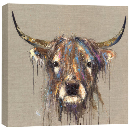 Artistic Highland Cow Canvas Wall Art - 'Faithful' by Louise Luton - Farm Animal Themed Artwork - Ready to Hang Home Décor - 40cm x 40cm