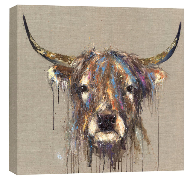 Artistic Highland Cow Canvas Wall Art - 'Faithful' by Louise Luton - Farm Animal Themed Artwork - Ready to Hang Home Décor - 40cm x 40cm