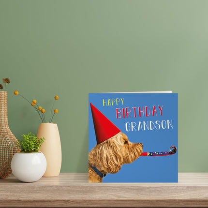 Birthday Card for Grandson – Funny Cockapoo Party Hat Design