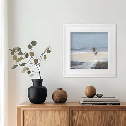 ‘Beach Walk I’ Coastal Dog Walk Framed Print by Janet Gammans