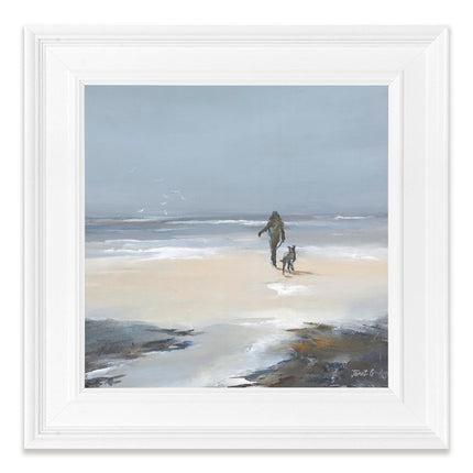 ‘Beach Walk I’ Coastal Dog Walk Framed Print by Janet Gammans