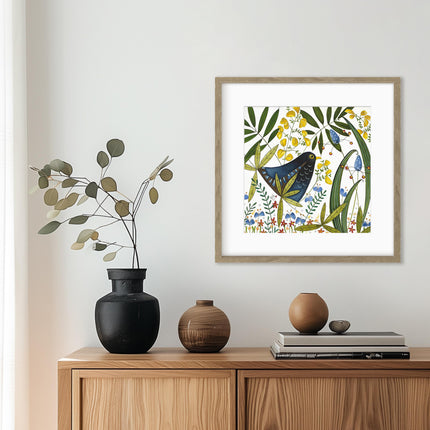 ‘Blackbird in Hedgerow’ Artistic Framed Print by Linda Hoskin