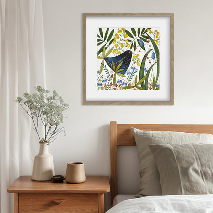 ‘Blackbird in Hedgerow’ Artistic Framed Print by Linda Hoskin