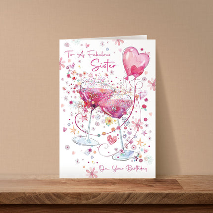 Birthday Card for Sister – Cocktail, Balloons & Gold Foil Design