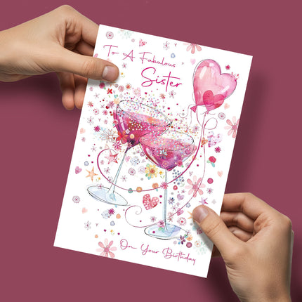 Birthday Card for Sister – Cocktail, Balloons & Gold Foil Design