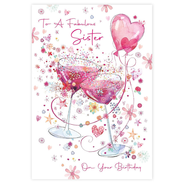 Birthday Card for Sister – Cocktail, Balloons & Gold Foil Design