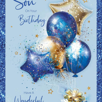Birthday Card for Son – Cherry Orchard Design with Gold & Blue Balloons, Foil Text & Border