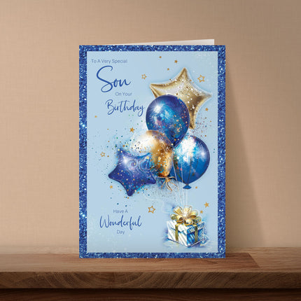 Birthday Card for Son – Cherry Orchard Design with Gold & Blue Balloons, Foil Text & Border