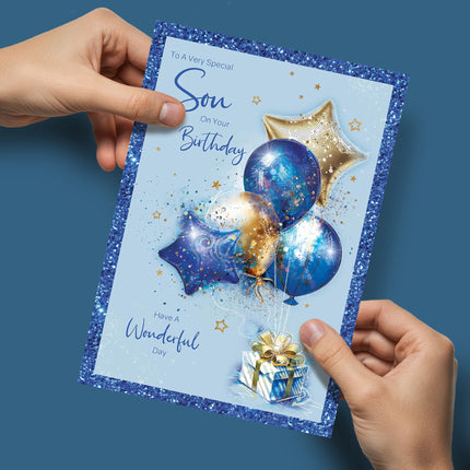 Birthday Card for Son – Cherry Orchard Design with Gold & Blue Balloons, Foil Text & Border