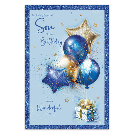 Birthday Card for Son – Cherry Orchard Design with Gold & Blue Balloons, Foil Text & Border