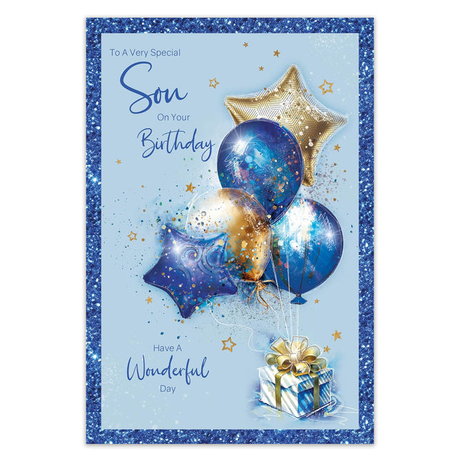 Birthday Card for Son – Cherry Orchard Design with Gold & Blue Balloons, Foil Text & Border