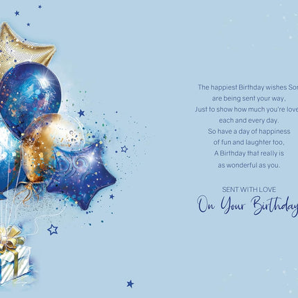 Birthday Card for Son – Cherry Orchard Design with Gold & Blue Balloons, Foil Text & Border