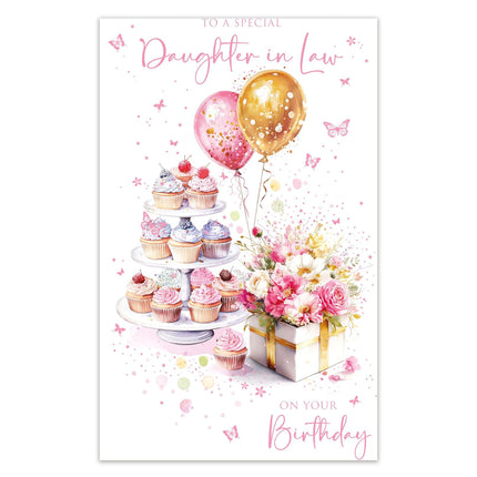 Birthday Card for Daughter-in-Law – Flowers, Cupcakes & Balloons with Gold Foil