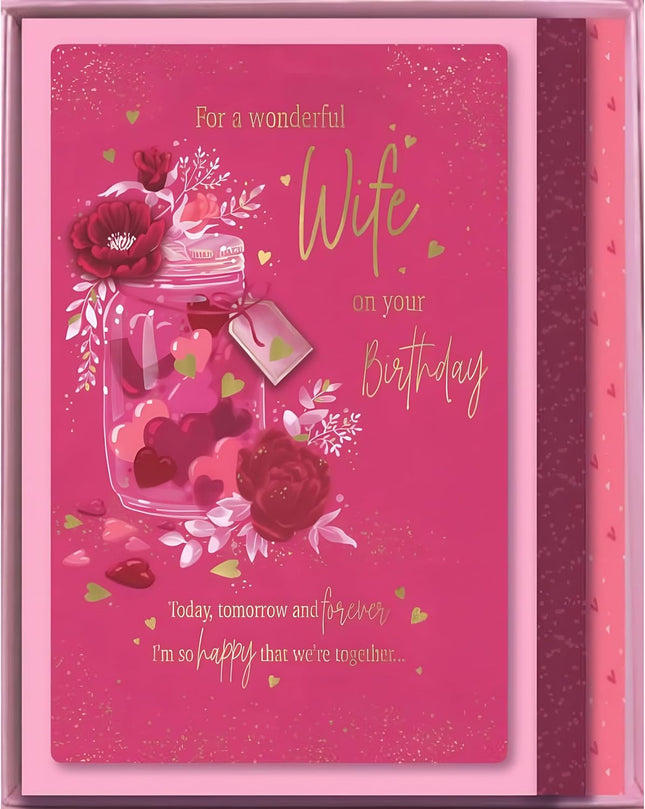 Birthday Card for Wife – Floral Love Heart Design with Embossed Foil & Embellishment