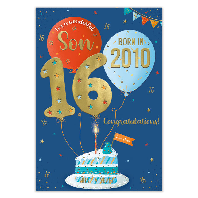16th Birthday Card for Son – Balloons, Cake & Fun Facts Design