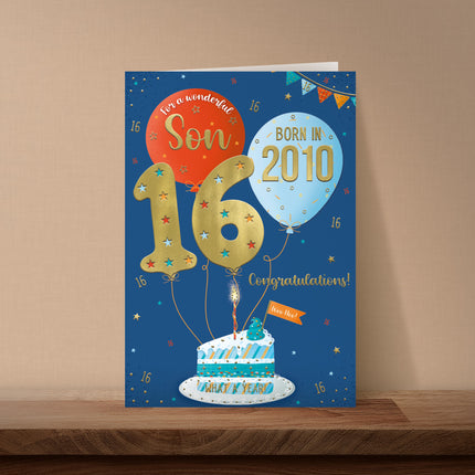 16th Birthday Card for Son – Balloons, Cake & Fun Facts Design