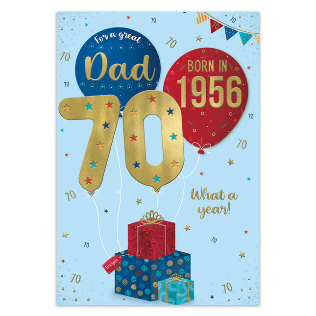 Birthday Card for Dad – Fun 70th Birthday Design with Presents & Balloons