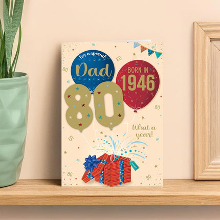 Birthday Card for Dad – 80th Fun Facts & Balloons Design