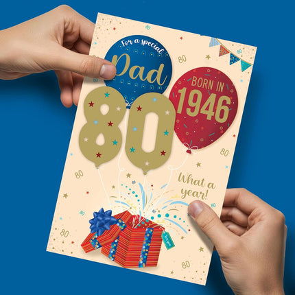 Birthday Card for Dad – 80th Fun Facts & Balloons Design