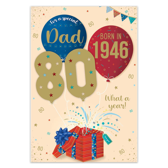 Birthday Card for Dad – 80th Fun Facts & Balloons Design