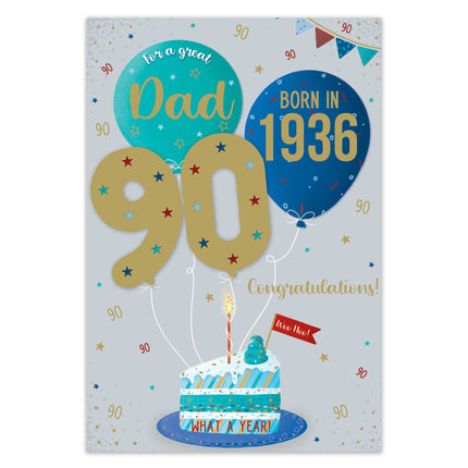 Birthday Card for Dad – Fun 90th Birthday Cake & Balloons Design
