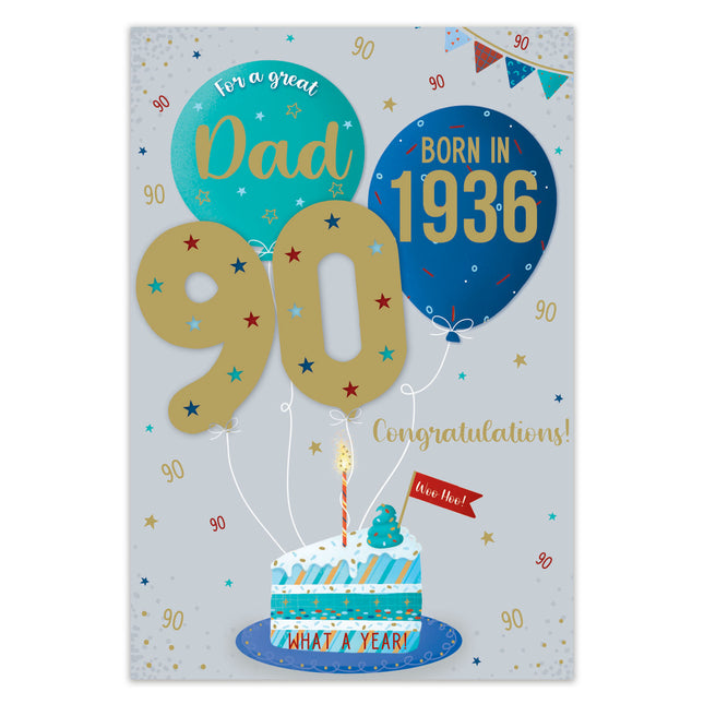 Birthday Card for Dad – Fun 90th Birthday Cake & Balloons Design