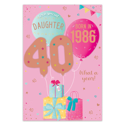 40th Birthday Card for Daughter – Balloons, Presents & Stars Design