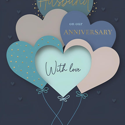 Anniversary Card for Husband – Love Heart Balloons Design with Foil Details