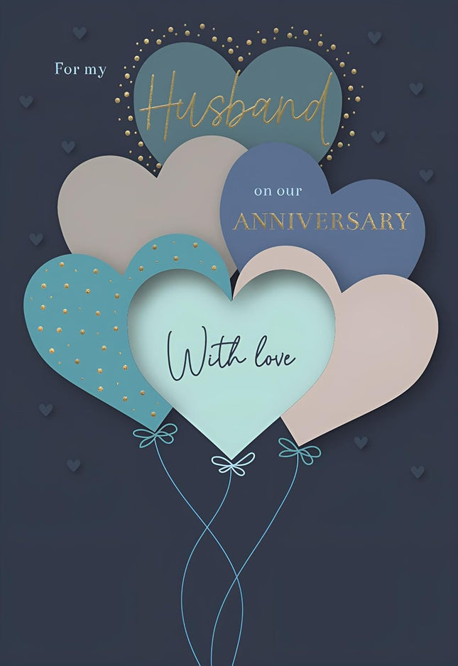 Anniversary Card for Husband – Love Heart Balloons Design with Foil Details