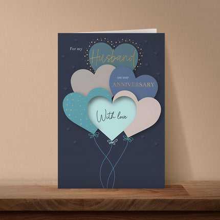 Anniversary Card for Husband – Love Heart Balloons Design with Foil Details