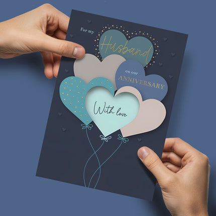 Anniversary Card for Husband – Love Heart Balloons Design with Foil Details