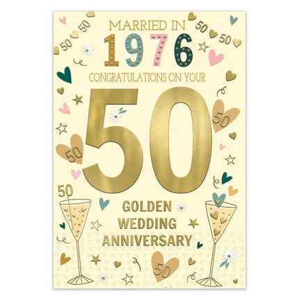 Golden Anniversary Card – Champagne, Love Hearts & 1976 Design