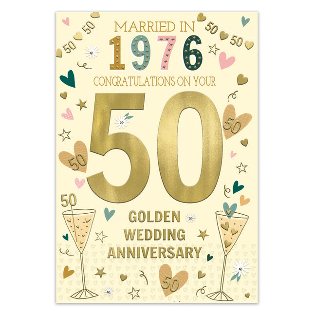 Golden Anniversary Card – Champagne, Love Hearts & 1976 Design