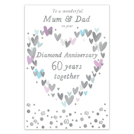Diamond 60th Wedding Anniversary Card for Mum & Dad – Big Text & Hearts Design