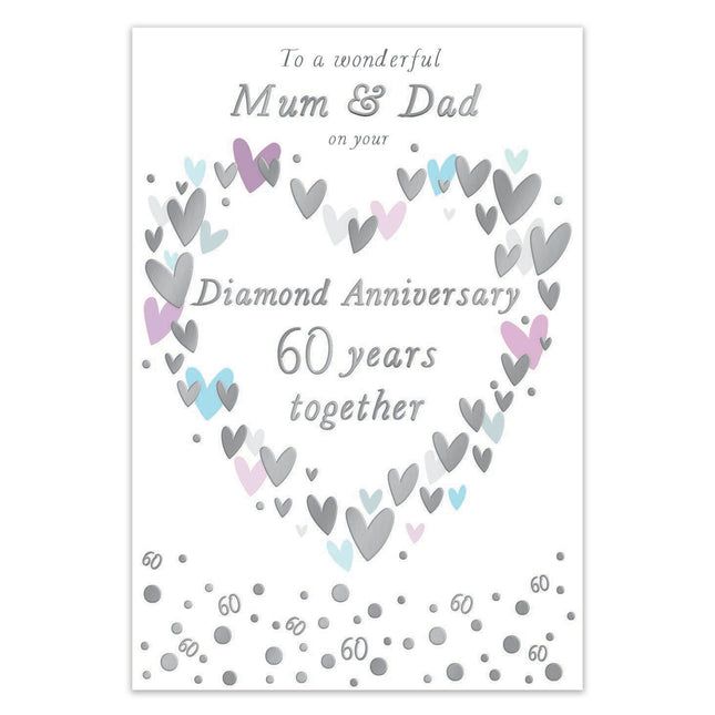 Diamond 60th Wedding Anniversary Card for Mum & Dad – Big Text & Hearts Design