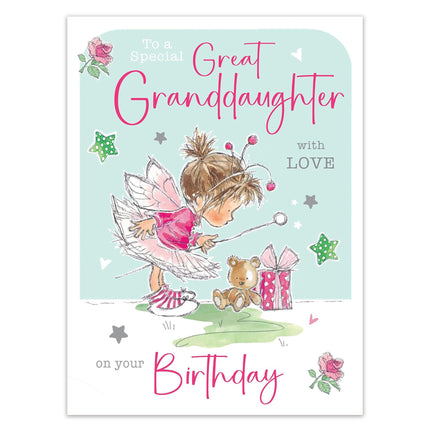 Birthday Card for Great Granddaughter – Fairy & Teddy Bear Flitter & Foil Design