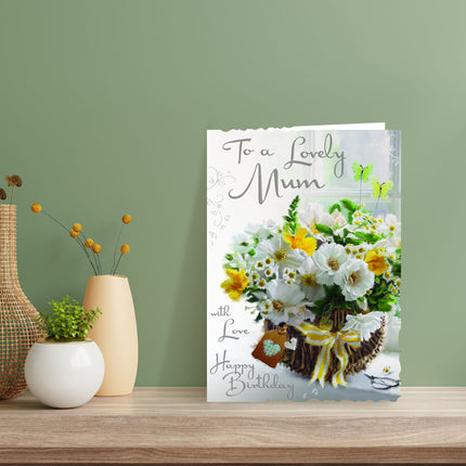 Birthday Card for Wife – Basket of Flowers Velvet Embossed Design