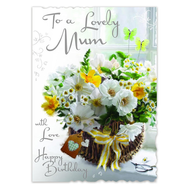 Birthday Card for Wife – Basket of Flowers Velvet Embossed Design