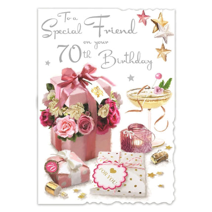 Birthday Card for Friend – 70th Feminine Floral Design with Special Finishes