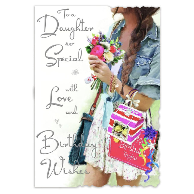 Birthday Card for Daughter – Pretty Denim Style Foil & Flitter Design