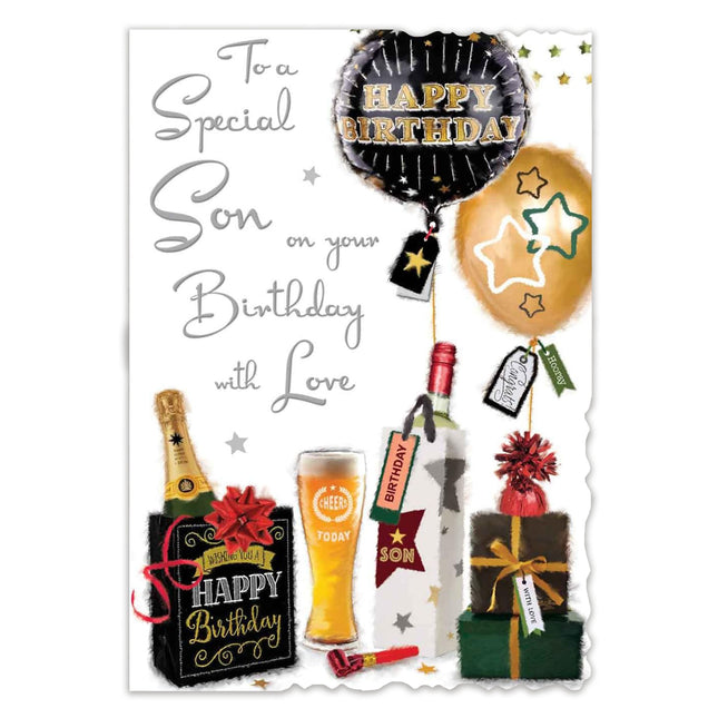 Birthday Card for Son – Beer & Balloons Contemporary Design with Illustrated Insert