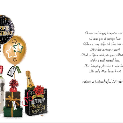 Birthday Card for Son – Beer & Balloons Contemporary Design with Illustrated Insert