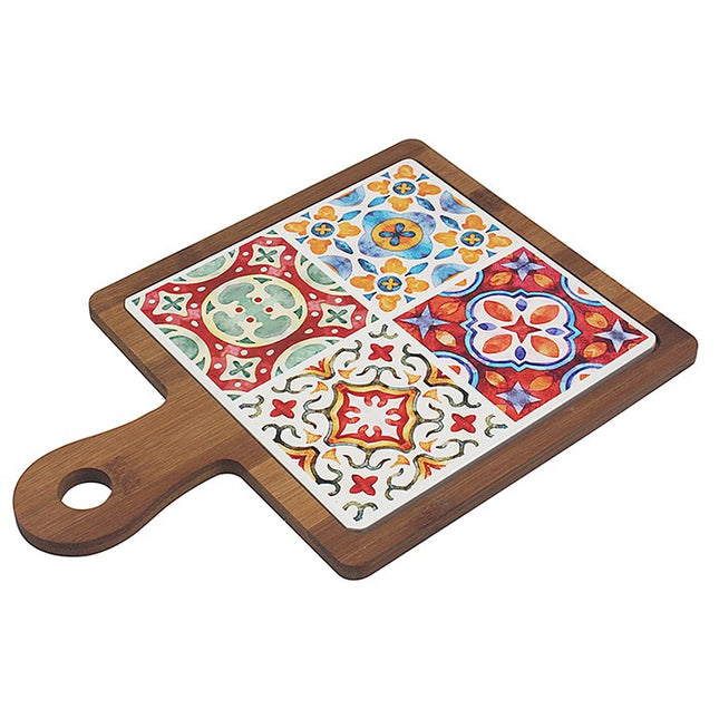 Decorative Tile Wooden Serving Board – Tuscany Patterned Ceramic Design with Handle