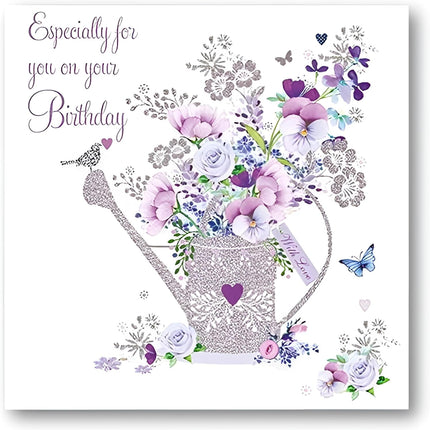 Birthday Card for Women – Nigel Quiney Floral Watering Can Design with Foil Details