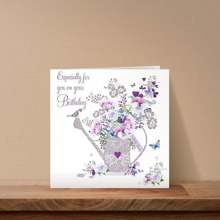 Birthday Card for Women – Nigel Quiney Floral Watering Can Design with Foil Details