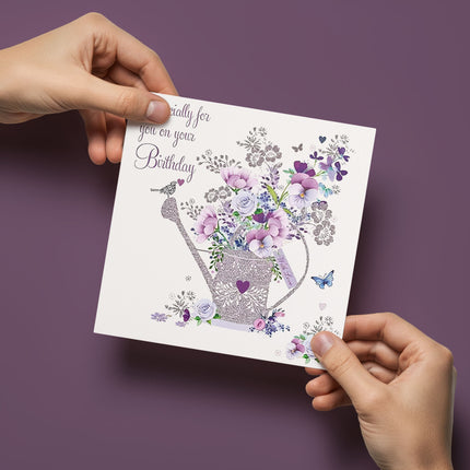 Birthday Card for Women – Nigel Quiney Floral Watering Can Design with Foil Details