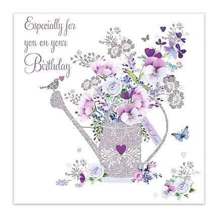 Birthday Card for Women – Nigel Quiney Floral Watering Can Design with Foil Details