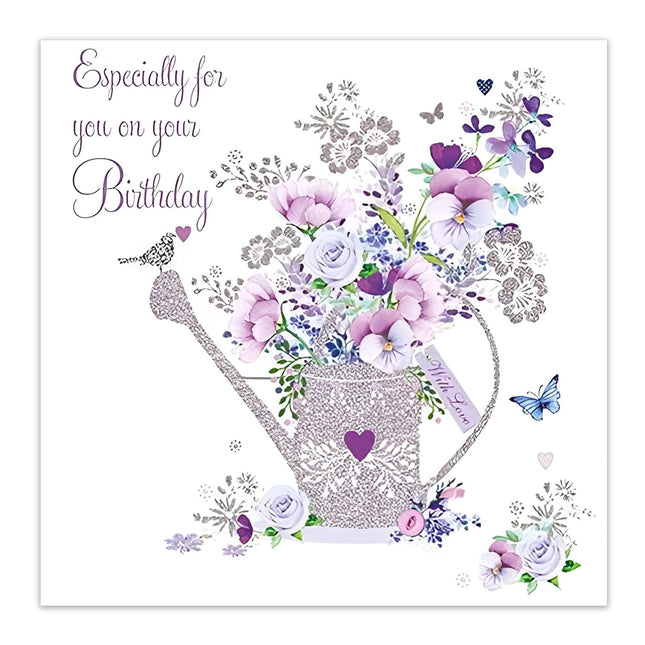 Birthday Card for Women – Nigel Quiney Floral Watering Can Design with Foil Details